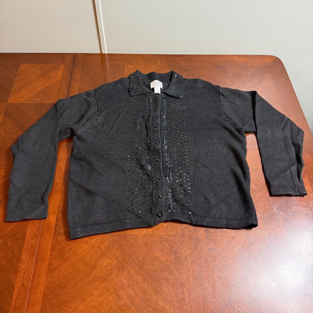 VTG Passini Black‎ Beaded Sequin Knit Button Cardigan Sweater Women L